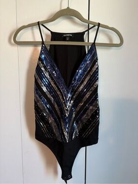 Express Black Sequin V-Neck Bodysuit with Navy & Silver Accents